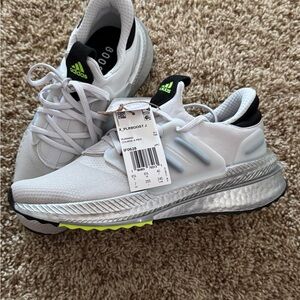 Adidas White and Silver Running Shoes with Neon Accents X_PLRBOOST J